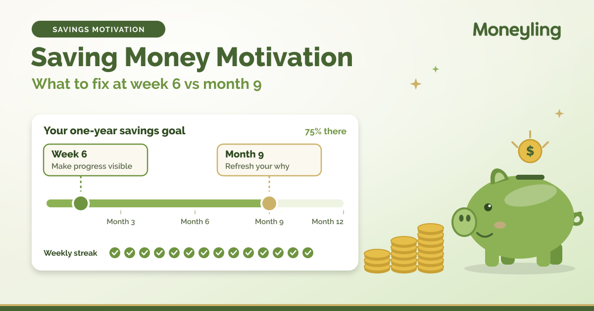 Illustration for: Saving money motivation: what to fix at week 6, and what to fix at month 9