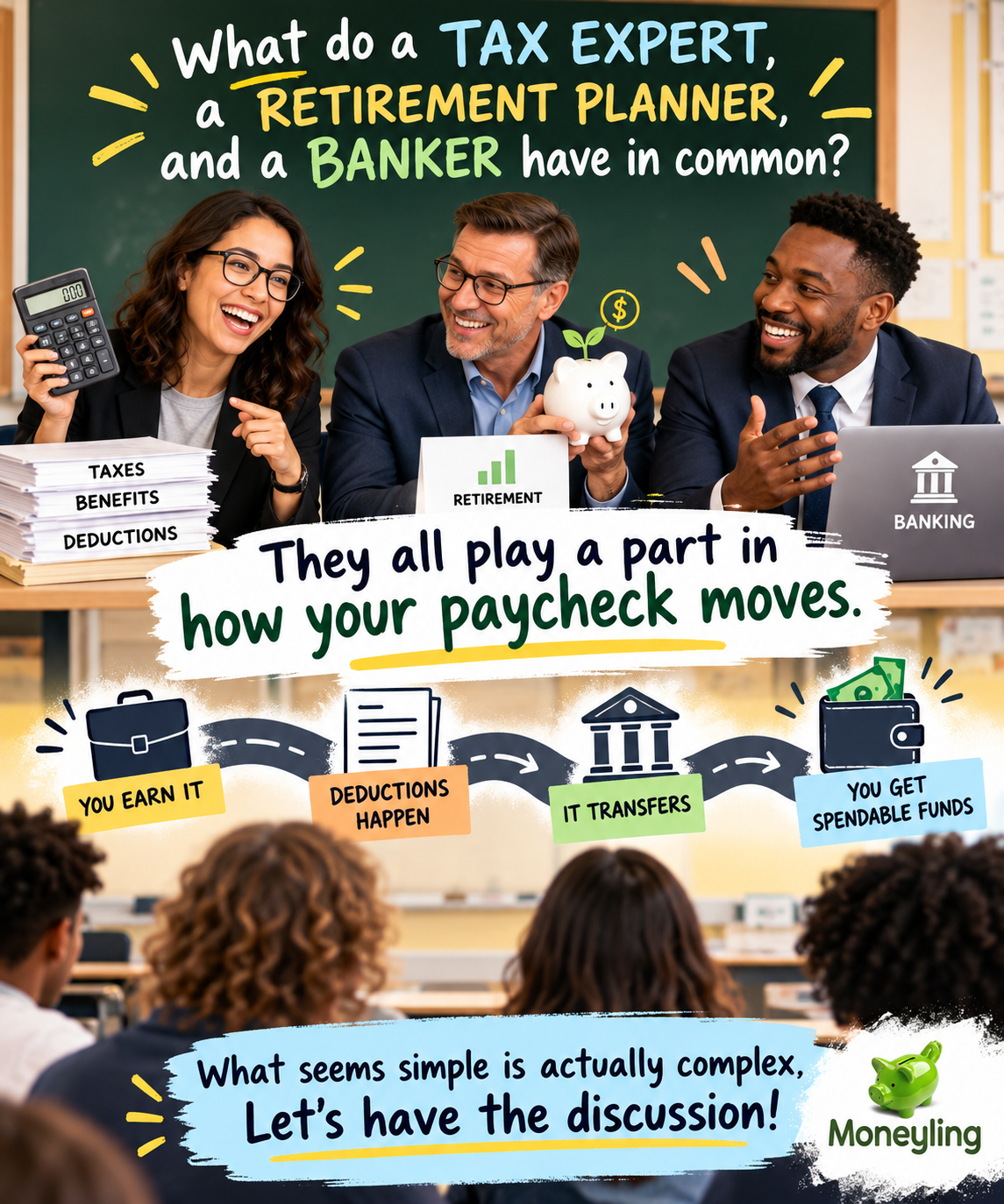 Flyer: what a tax expert, a retirement planner, and a banker have in common, and the four stops of a paycheck.