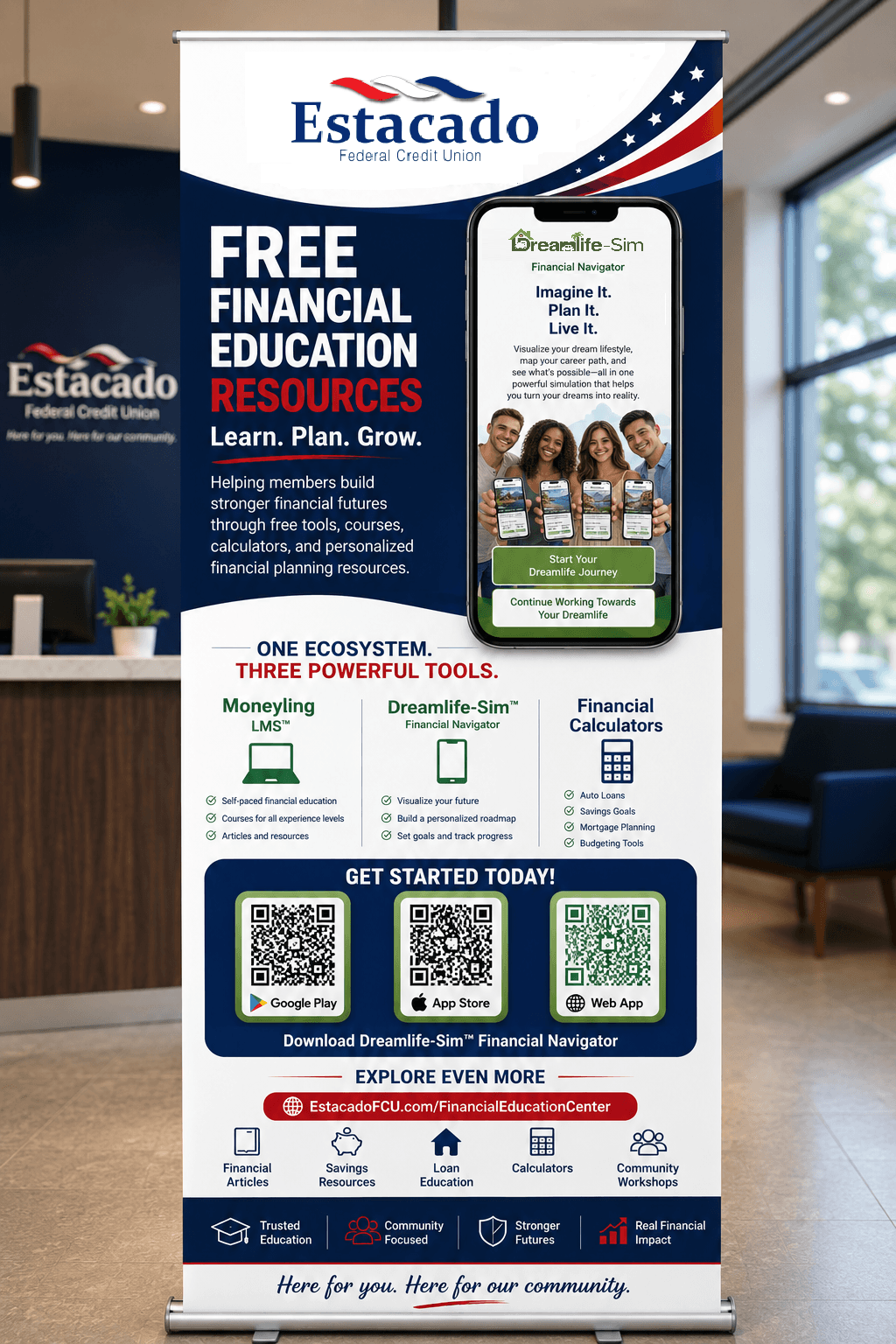 Estacado FCU branch lobby with standing advertising banner for Moneyling™ financial education