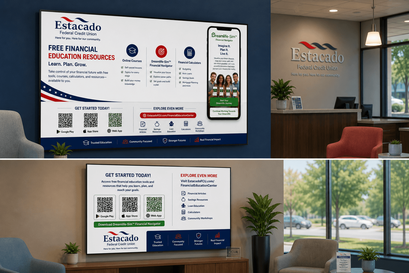 Estacado FCU branch interior screens showing co-branded financial education advertising