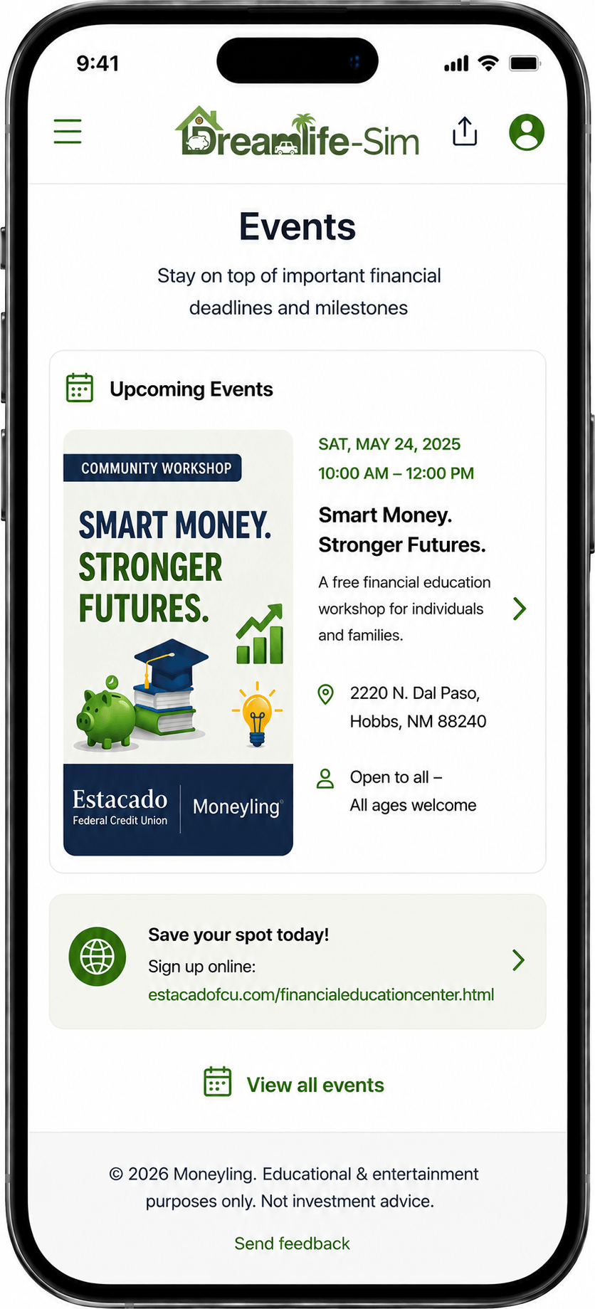 Dreamlife-Sim™ event page co-branded for Estacado FCU workshops