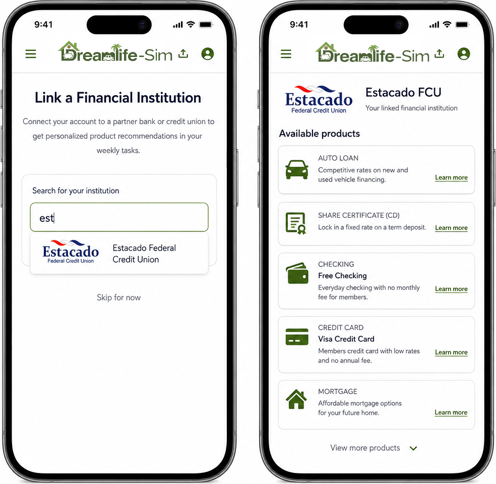 Dreamlife-Sim™ partner page co-branded with Estacado FCU