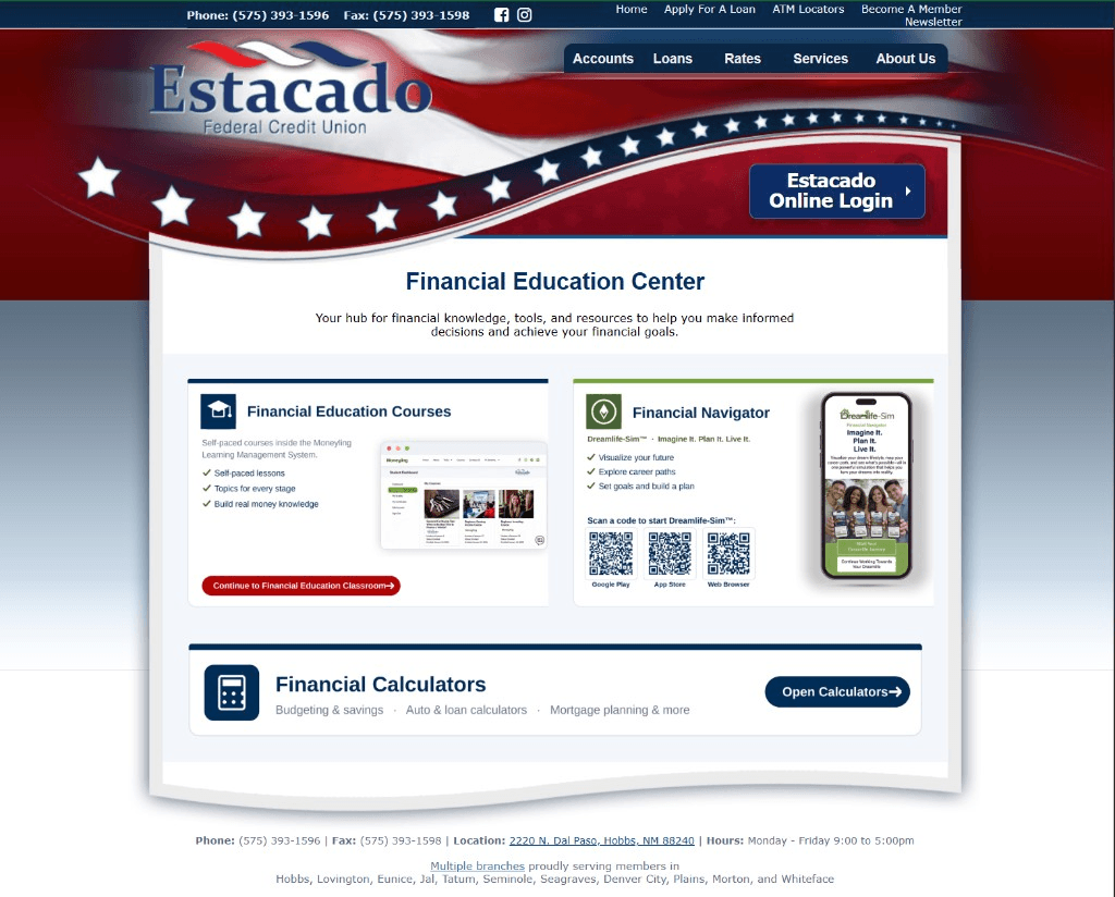 Live Estacado FCU Financial Education Center page — Moneyling™ LMS courses, Dreamlife-Sim™ Financial Navigator with QR codes, and financial calculators