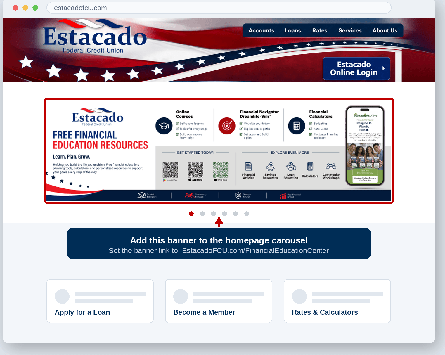 Estacado FCU website with co-branded financial education advertising banner placed on the homepage