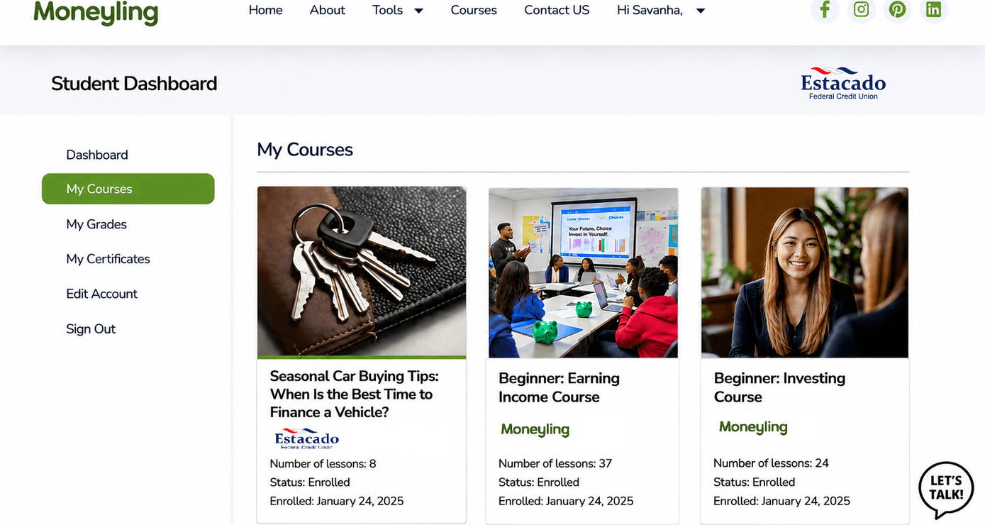 Moneyling™ LMS co-branded for Estacado FCU courses and learning paths
