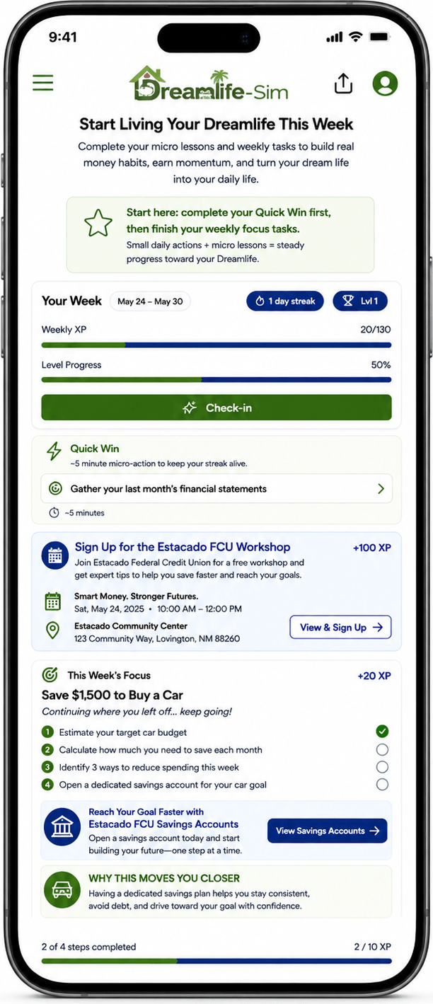 Dreamlife-Sim™ weekly task experience co-branded for Estacado FCU members