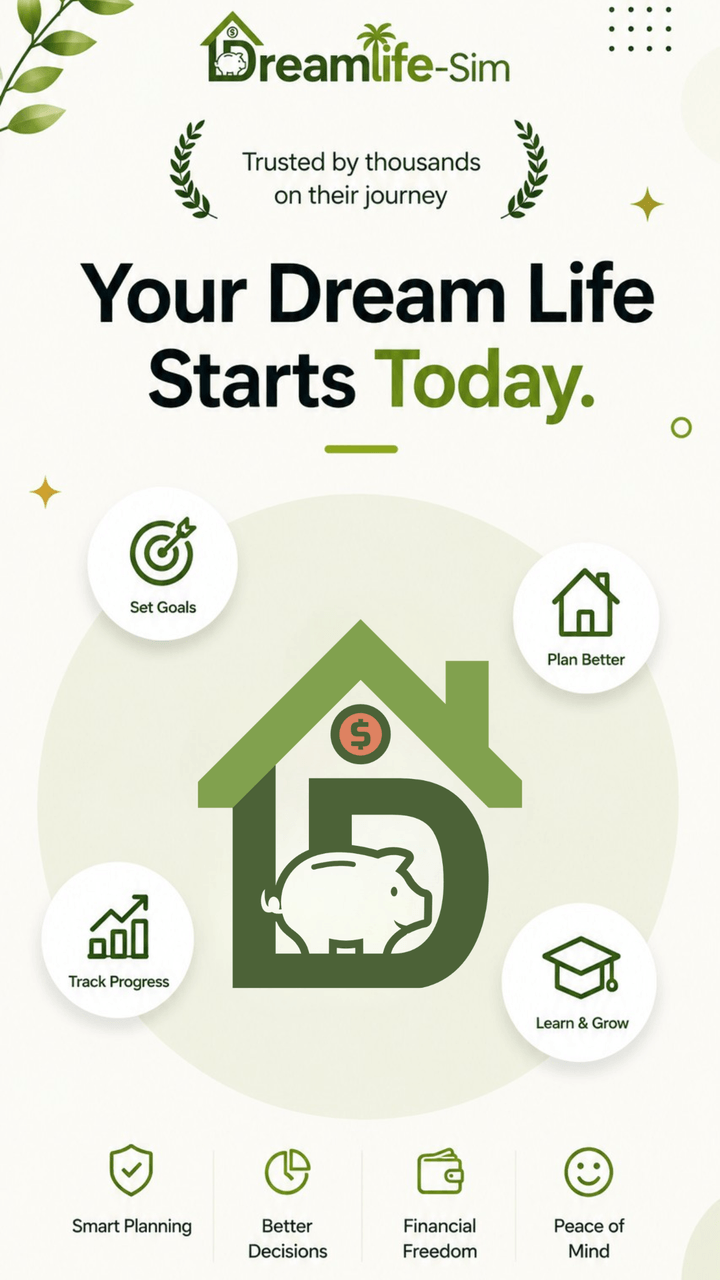 Dreamlife-Sim™ progress dashboard with unlocked milestones and weekly streak counter